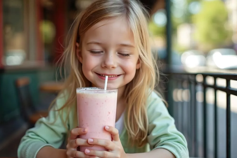 Smiling young girl holding a pink smoothie with a straw. image