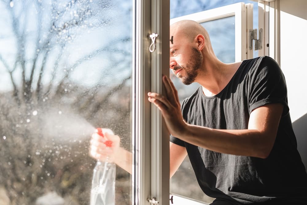 Man in a black t-shirt cleaning a window with a spray bottle on a sunny day.